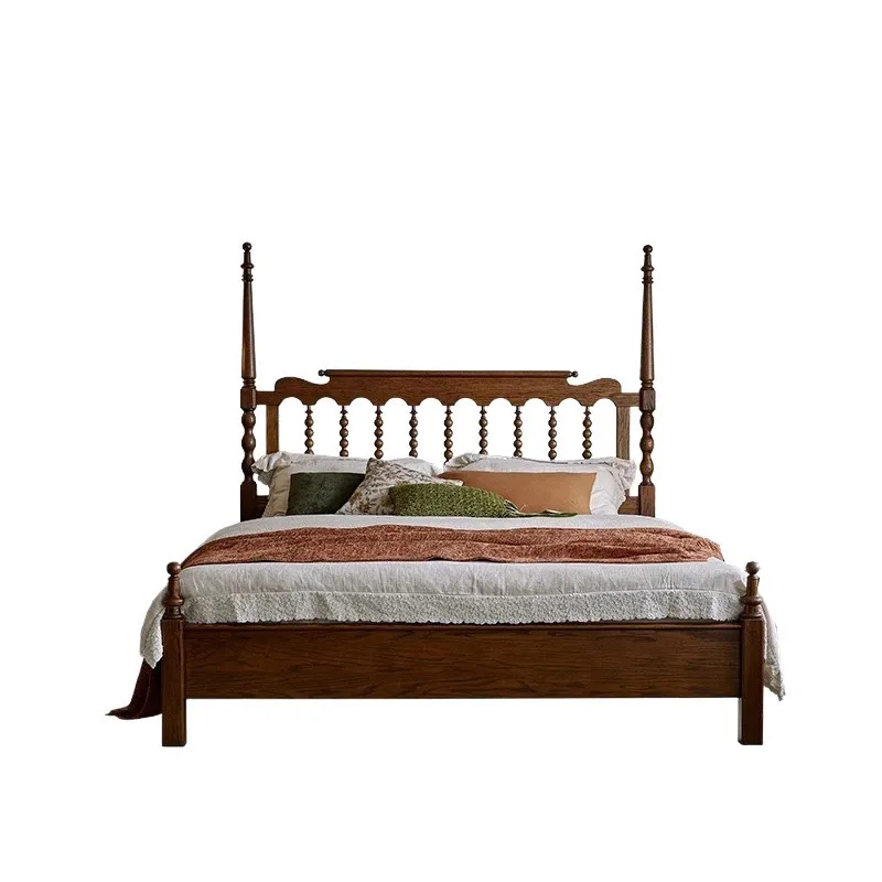 

French retro solid wood double master bedroom American high column medium antique walnut simple wedding bed