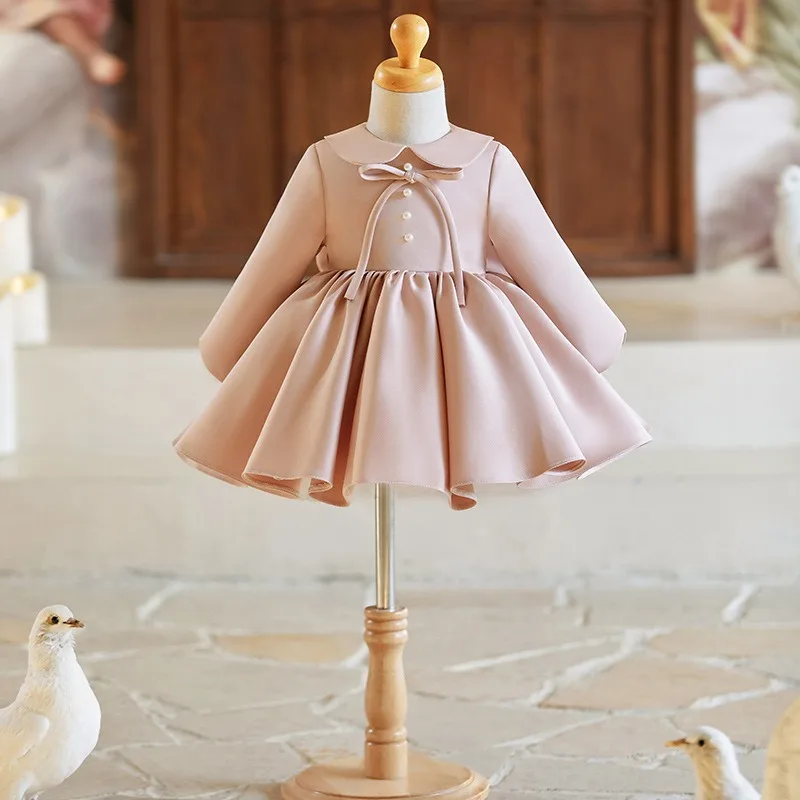 

New Girls Pink Satin Birthday Party Dress Children Princess Ball Gown Baby Host Pageant Evening Reception Formal Wear Clothes