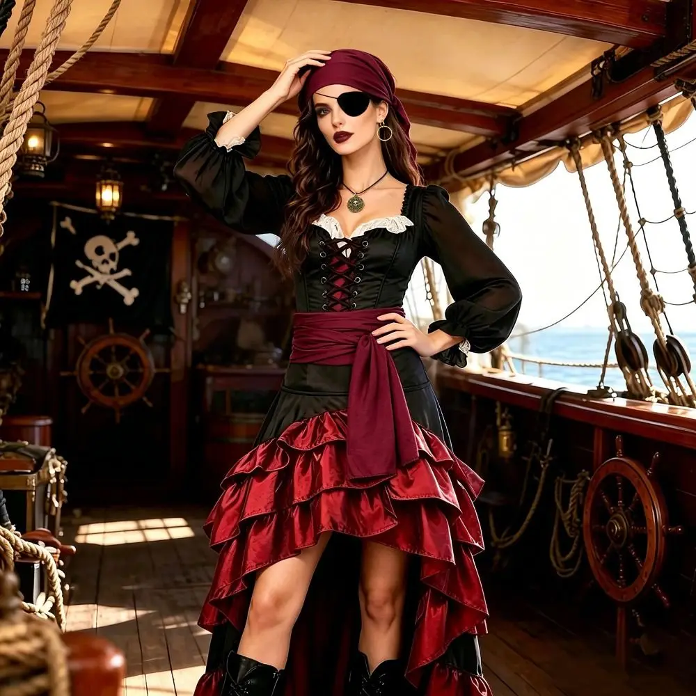 Magnífico Conjunto de Disfraz de Pirata para Mujer con Pañuelo para la Cabeza, Collar, Pendientes, Cinturón y Vestido para Halloween y Cosplay
