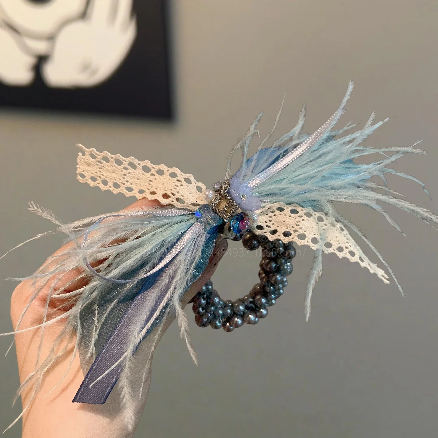 Blue Phoenix Feather Elastic Hair Tie Soft Feather Lace Bow Rhinestone Dark Pearl Scrunchie For Ballet Dreamy Evening Party 2026