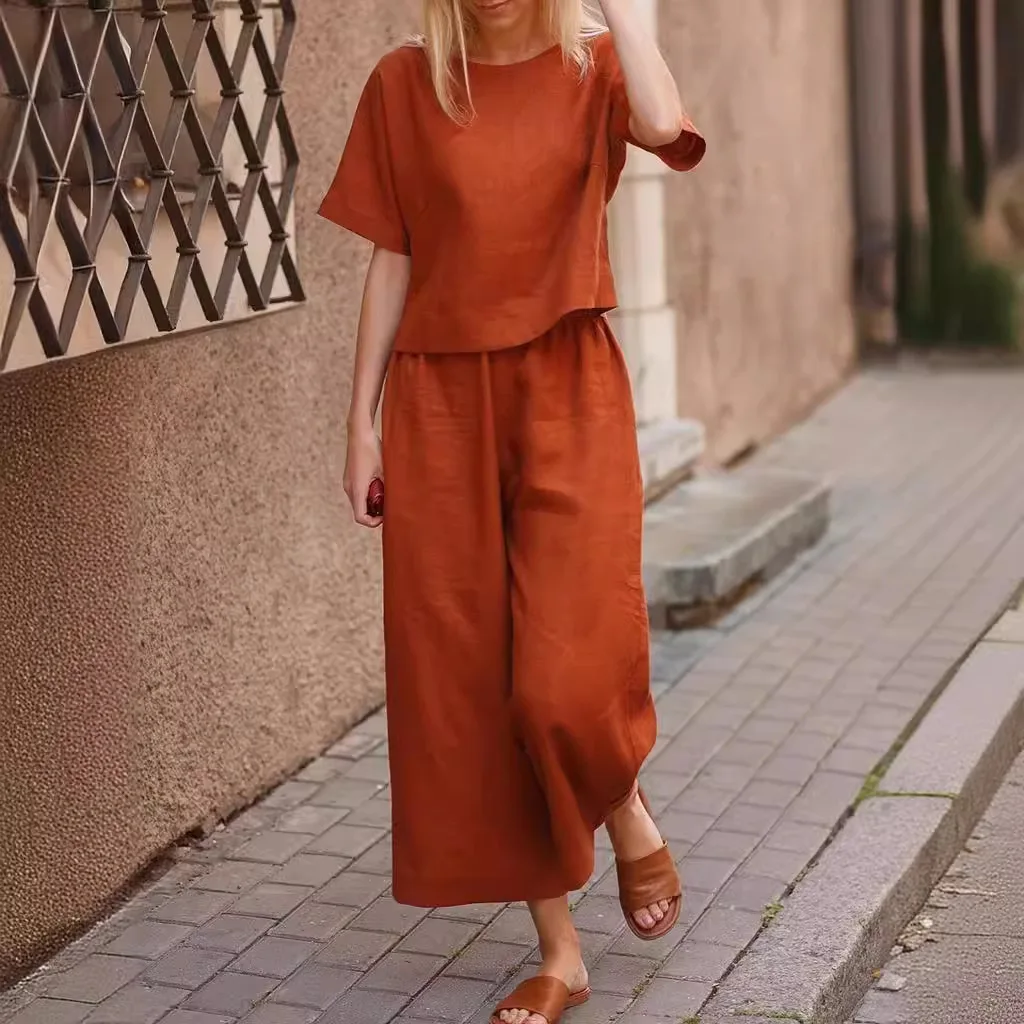 2024 New Top Pants Casual Set Loose Solid Color Shirt And Pants Cotton Linen Two Piece Set S-3XL Conjuntos De Verano Para Mujer