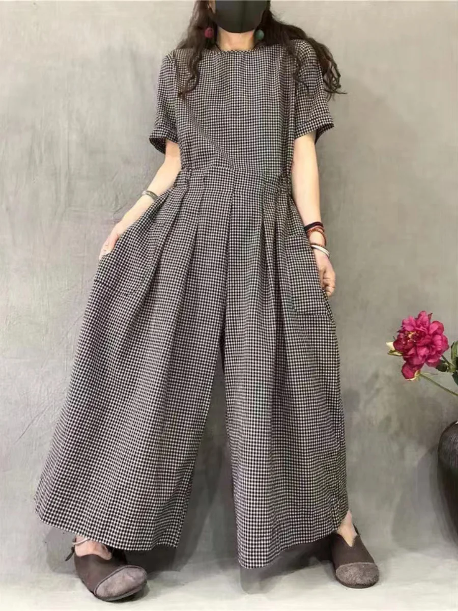 Summer Faion Pleated Plaid ort Sve Rer Wide Leg Pants Casual round Ne High Waist Straight Cut Women's plus Size