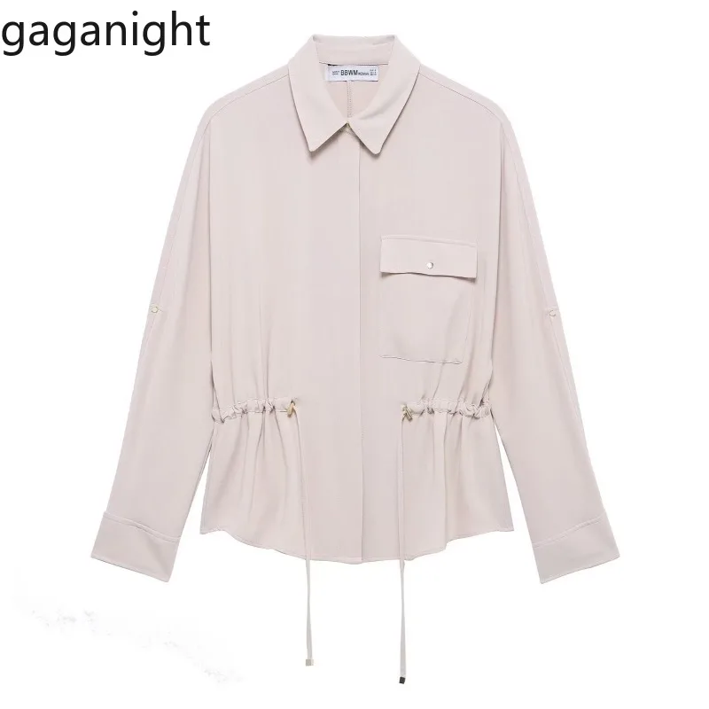 

Gaganight Women Shirts Turn Down Collar Long Sleeve Loose Bandage Drawstring Pockets Elegant Blouse Office Lady Casual Tops