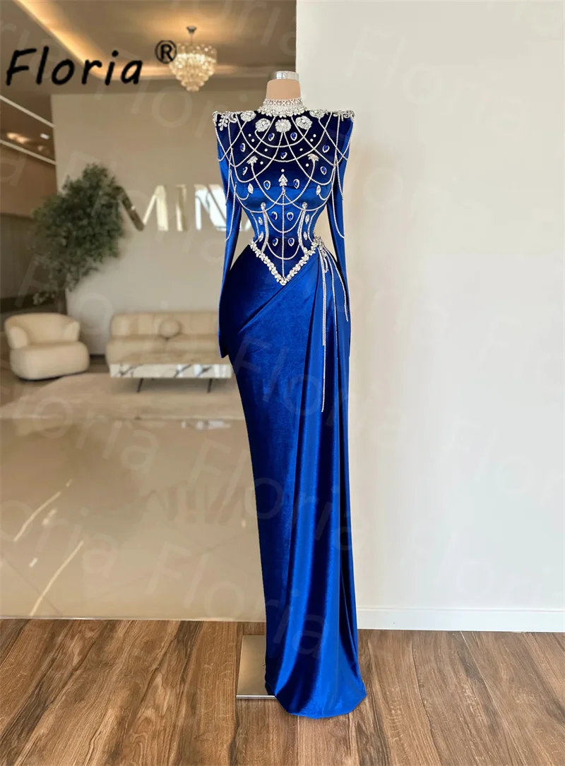 Velvet Royal Blue Eso Abi Woman Formal Evening Dresses Beaded Stones Tassel Wedding Second Reception Party Gowns Engagement Robe