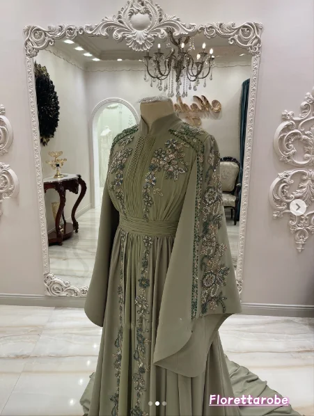 Florettarobe Marokkanisches Kaftan Muslimisches Abendkleid A-Linie Lange Ärmel Chiffon Applikation Dubai Arabisch Abaya Islamisch Maßgeschneidert – Detail 5