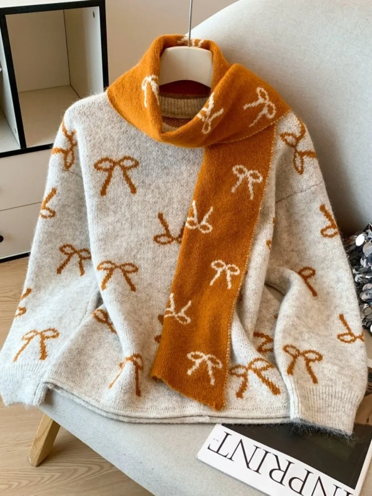 Pumpkin orange bow printed pullover+scarf women's 2025 autumn and winter new fashion high-end thick knit sweater top