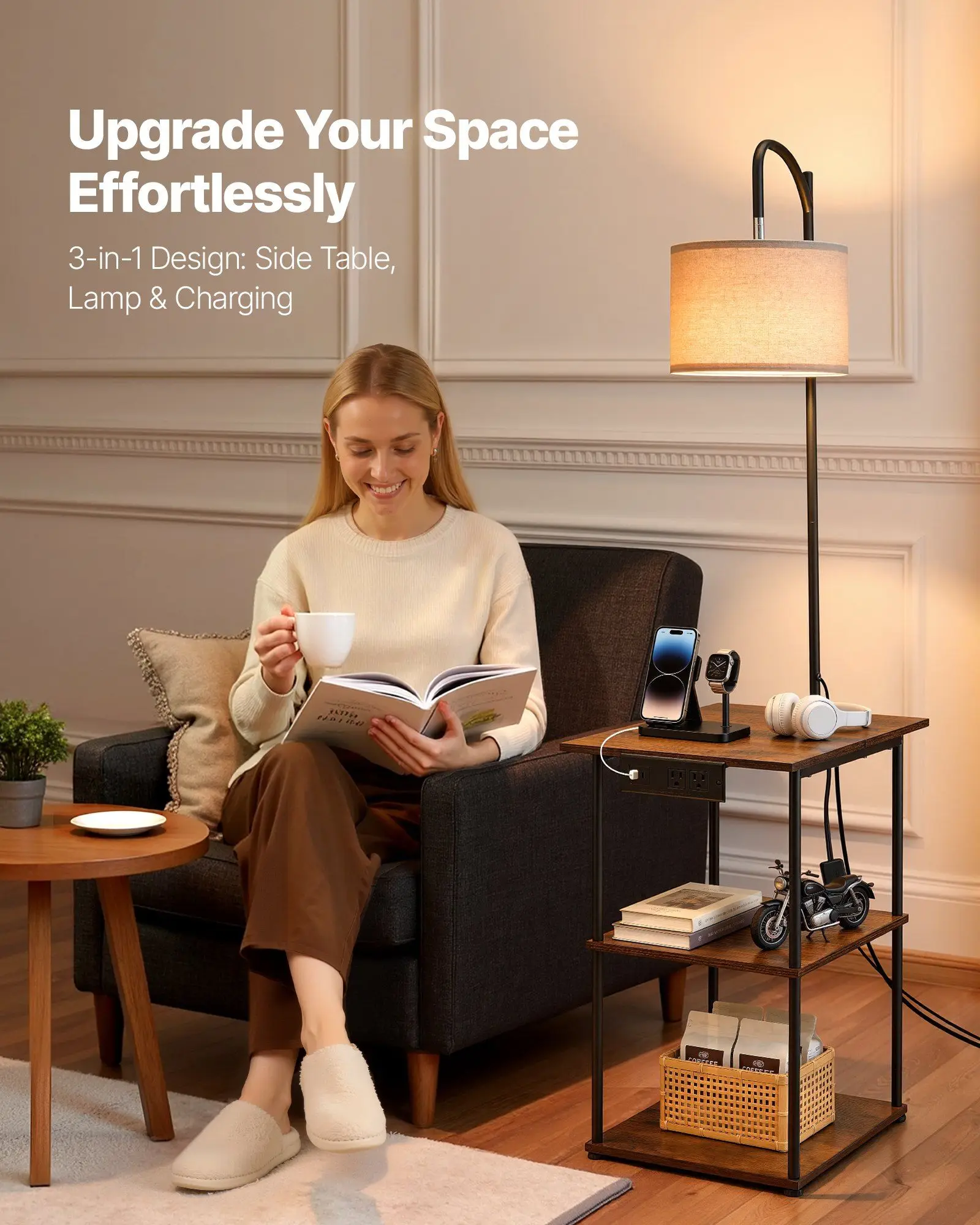 Floor Lamp with Table, Narrow 3-Tier End Table with Open Shelves & 3 Color Temperature Lighting, Side Nightstand Bedside Desk with USB & Type C & AC Charging Port for Living Room, Bedroom, Dorm
