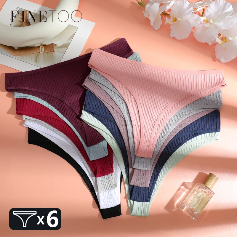 FINETOO 6 Stück gerippte Baumwollunterwäsche für Damen, sexy, atmungsaktive Tangas mit niedriger Taille, Mädchen-Sporthöschen, dehnbar, T-Rücken, weiche Dessous