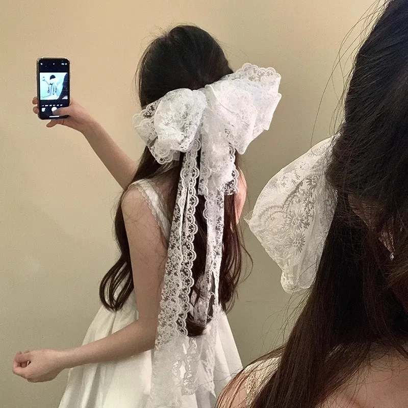 Pinza para el cabello de encaje francés: lazo etéreo de gran tamaño con cintas para mujer, elegante accesorio para el cabello en la espalda y horquilla de lujo