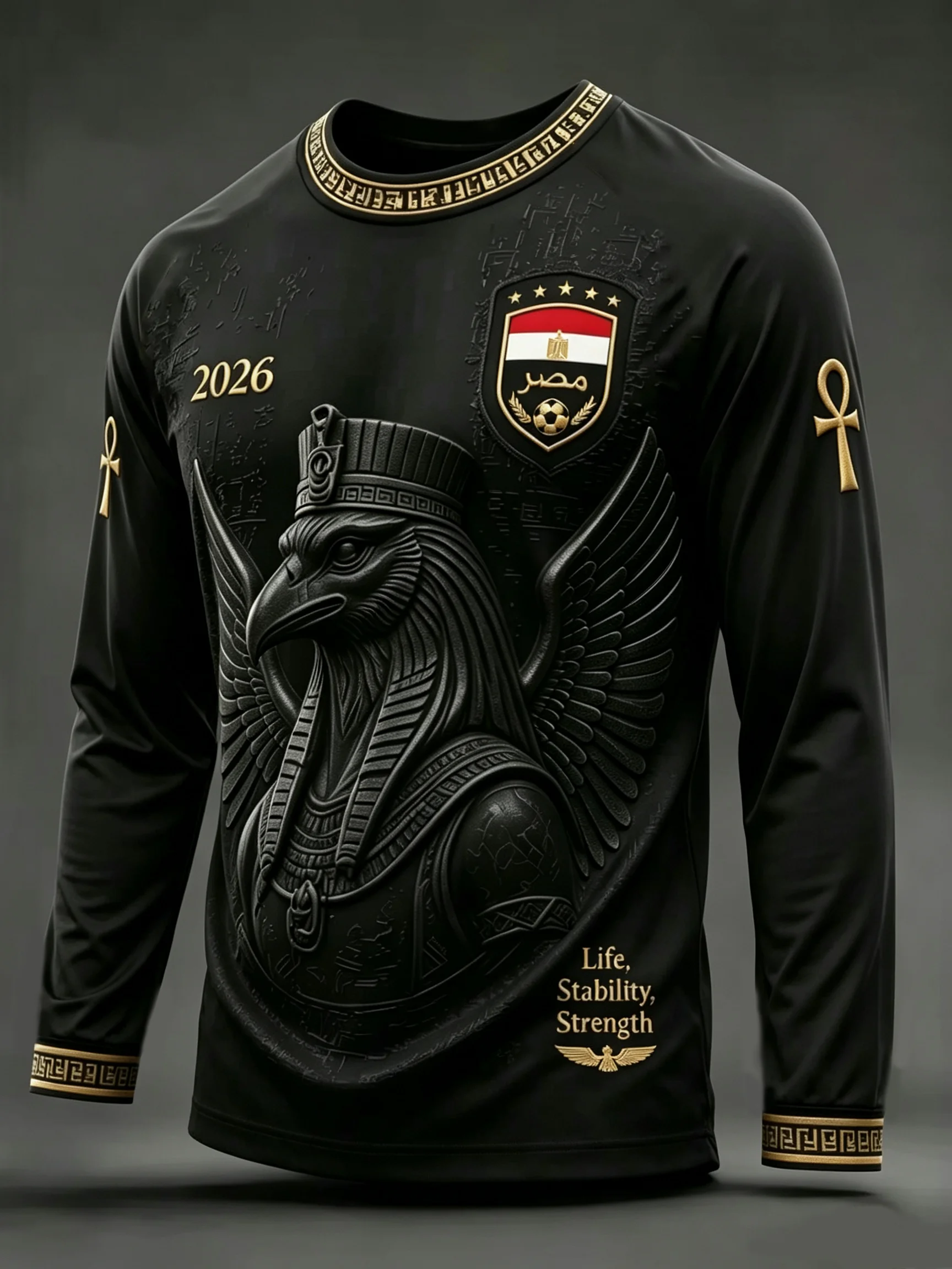 2026 Men’s Egypt‑Style Long‑Sleeve Soccer Shirt,3D‑Printed Ancient Egyptian Graphic,Quick‑Dry Breathable Sports Fan Jersey