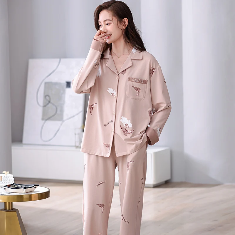 Full pure cotton new ladies' pajamas cute rabbit pattern cardigan lapel style pyjamas female can be worn externally pijama mujer