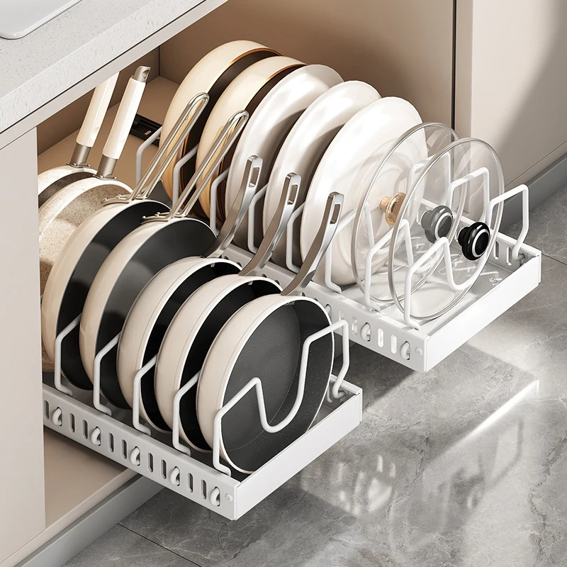 

Expandable Pull-Out Pot And Pan Organizer For Cabinet Pot Lid Holder With 10/12 Adjustable Dividers For Kitchen Cookware Storage