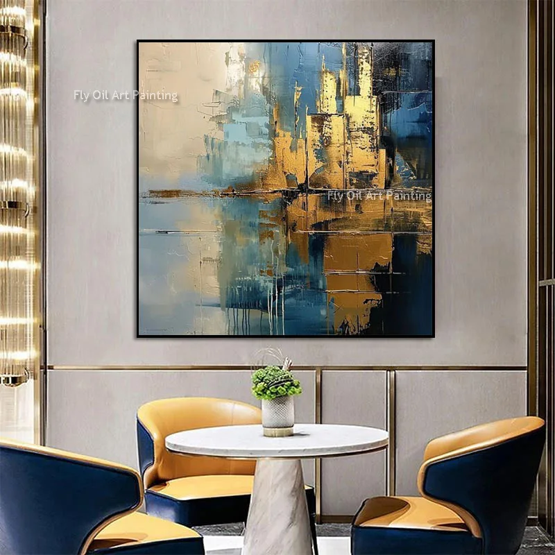Square Impasto Abstract Oil Painting, Hand-Painted Amber Sky Texture Art, Bright Minimalist Interior Wall Decor