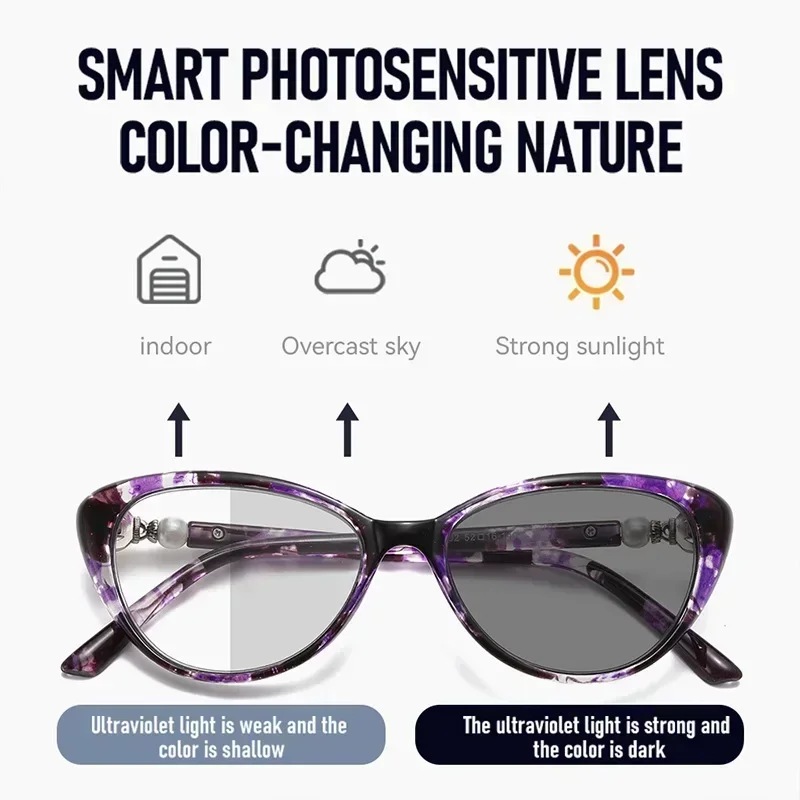 Ladies Fashion Multifocal Presbyopia Glasses Luxury Cat Eye Outdoor Anti-UV Eyeglasses Prescription Photochromic Bifocal Eyewear