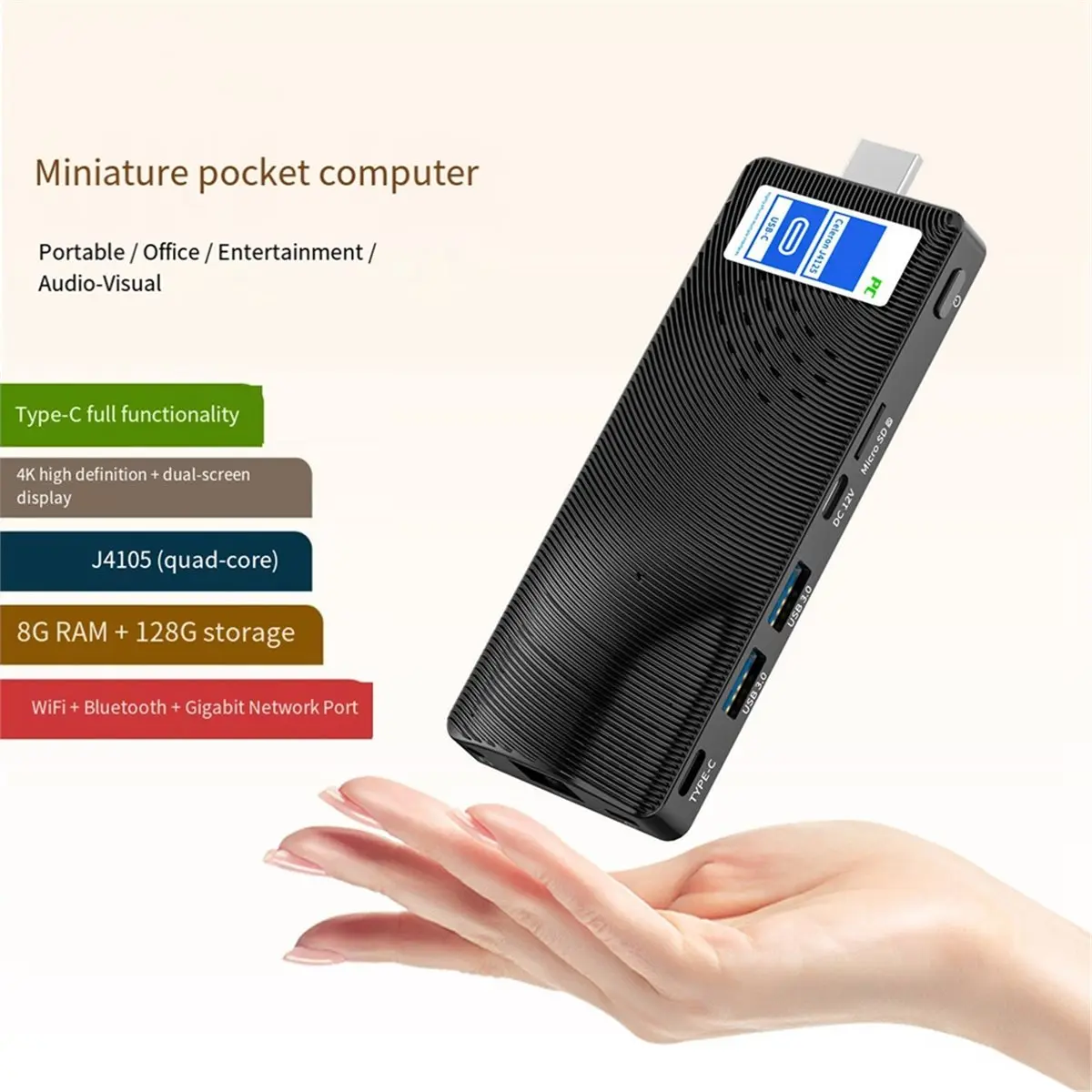SWXF Mini PC Stick Fanless Win 11 Pro WiFi5 8GB 128GB Laptop -Compatible 2.0 4K Desktops Computer PC Stick