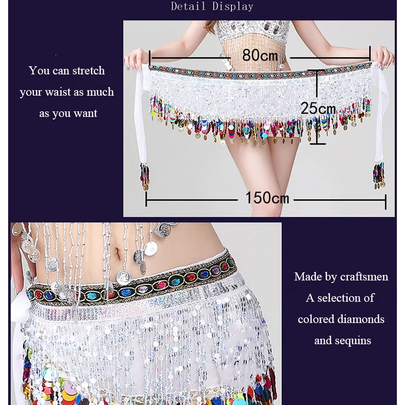 Women Belly Dance Waist Belt Adult Sexy Sequin Tassel Hip Wrap Waist Chain Rhinestones Dancewear Stage Costume