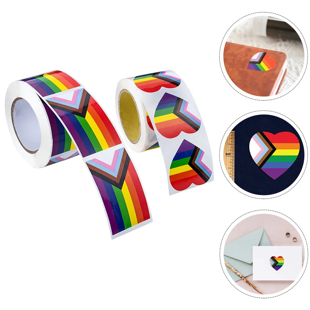 2 Rolls Rainbow Self-adhesive Stickers Pride Flag Seal Body Heart Copper Plate Paper Decals Label Festival