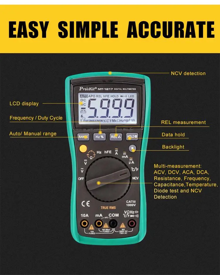 Pro'sKit MT-1217 true RMS automatic range digital meter Multimeter digital display multi-function meter