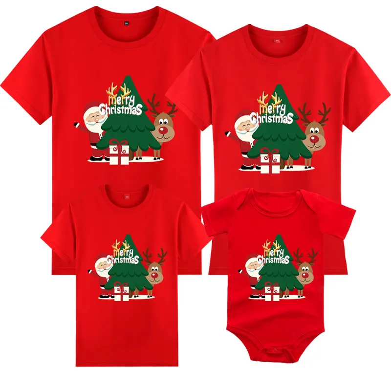 Christmas Adult Kids T-shirt Baby Romper Father Mother Son Daughter Clothes Short Sleeve Cotton Cartoon Print Family Look