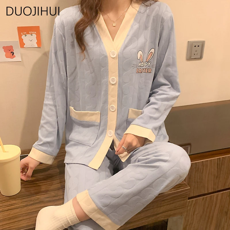 DUOJIHUI Autumn Sweet Two Piece Loose Female Pajamas Set Chic V-neck Cardigan Fashion Simple Pant Casual Home Pajamas for Women