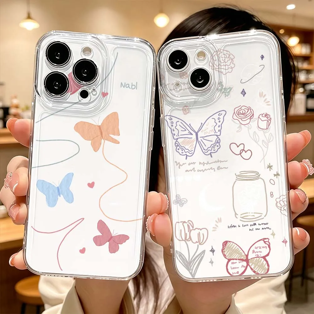Butterfly Floral Sketch Phone Case For Apple iPhone 17 Air 16 15 14 13 12 11 Pro Plus Max Protective Transparent Cover