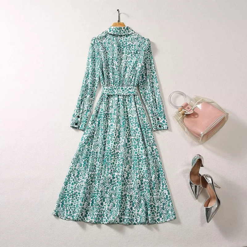 Kate princess green leopard print women dress fashion long sleeve A-Line dresses