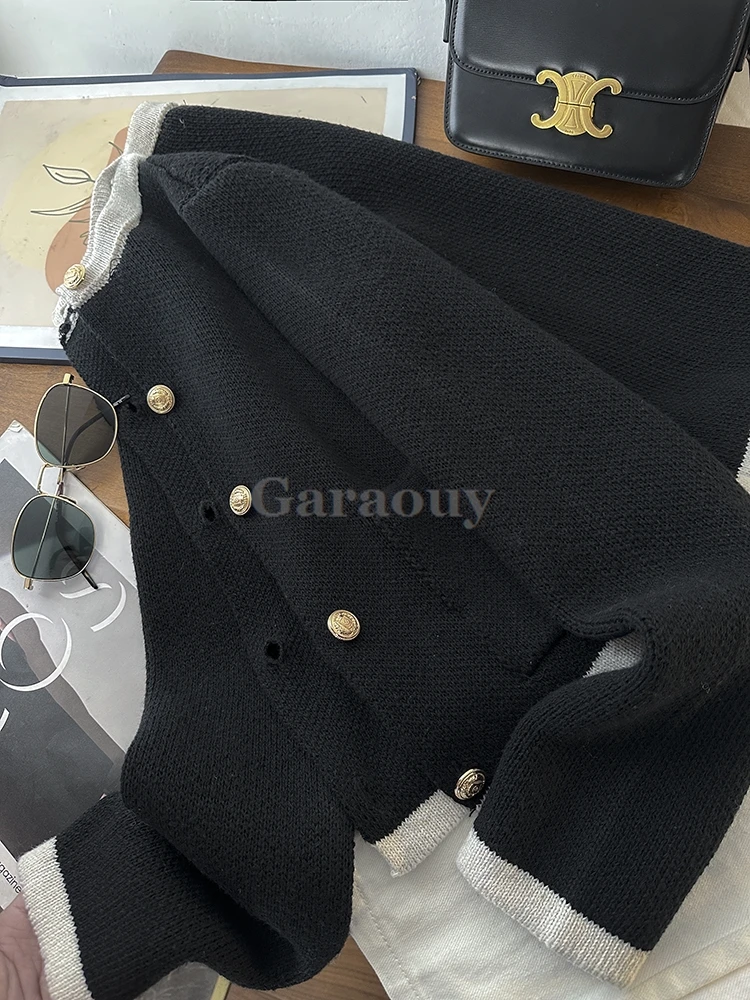 Garaouy 2024 Spring Women\'s Contrast O Neck Long Sleeve Single Breasted Knit Cardigan Coats Female Elegant Short Sweater Jackets