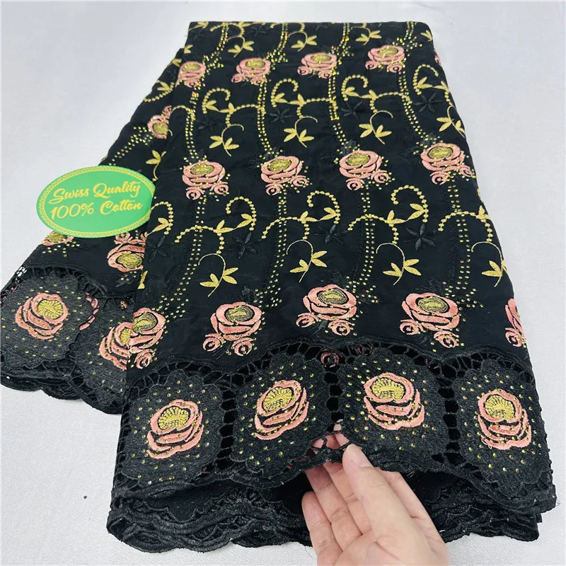 Newly Arrived Black African Lace Fabric 100% Cotton Swiss Voile Lace 2024 High Quality Stones for Nigeria Wedding Dress Sew 8A10