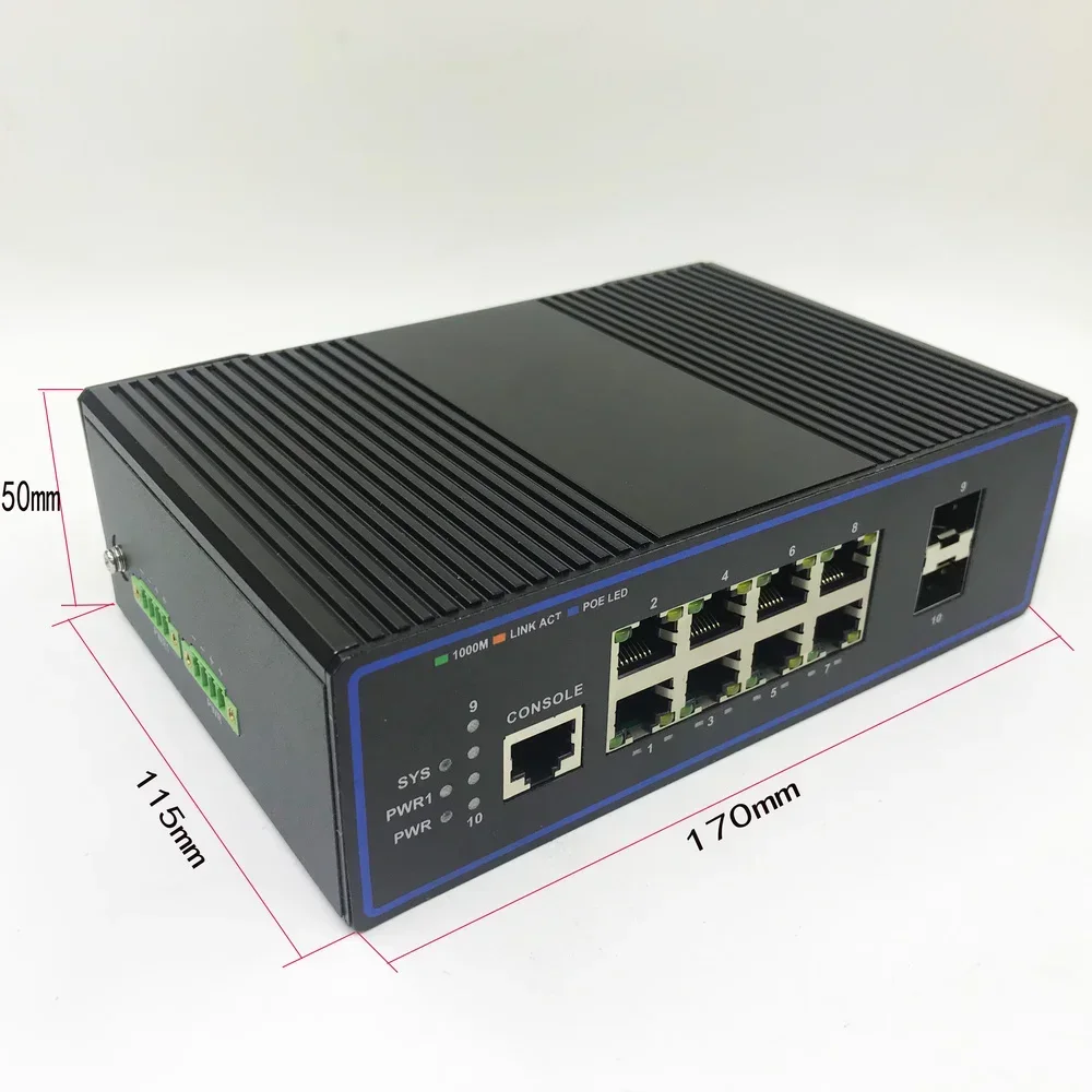 8 منافذ 1000 متر مفتاح POE صناعي 10/100/1000 متر 2SFP شبكة تبديل صناعية VLAN 192.168.0.1 مُدارة على الويب