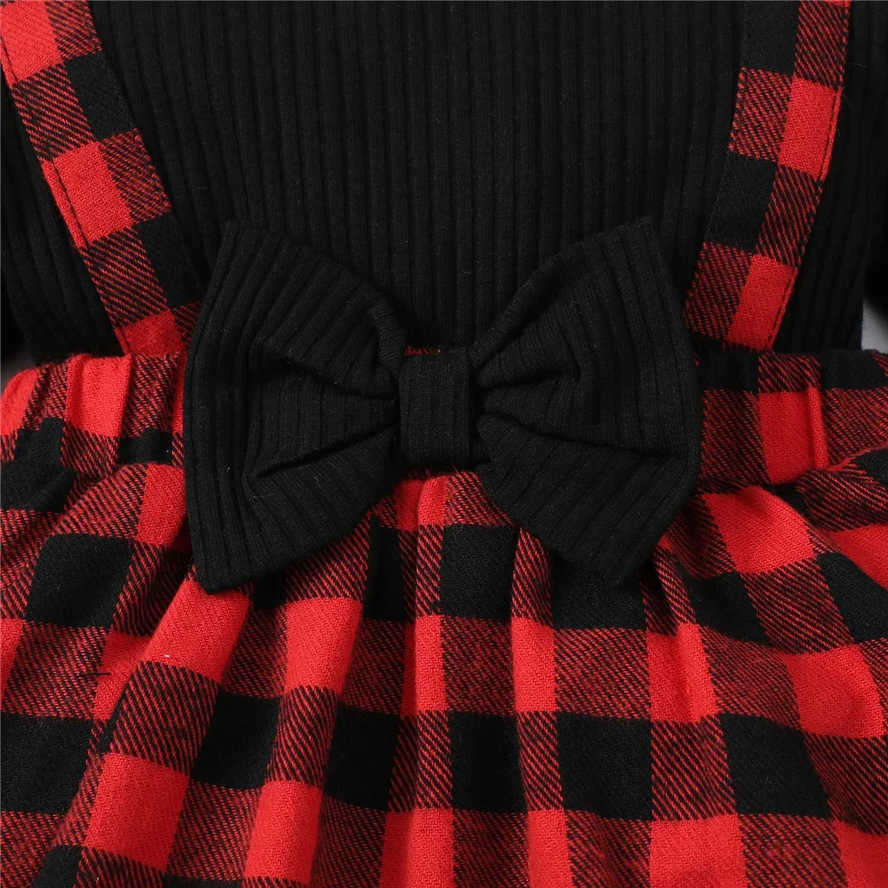 0-18 Months Newborn Baby Girls Christmas Dress Long Sleeve Patchwork Plaid Romper+Headwear Infants Holiday Party Autumn Clothing