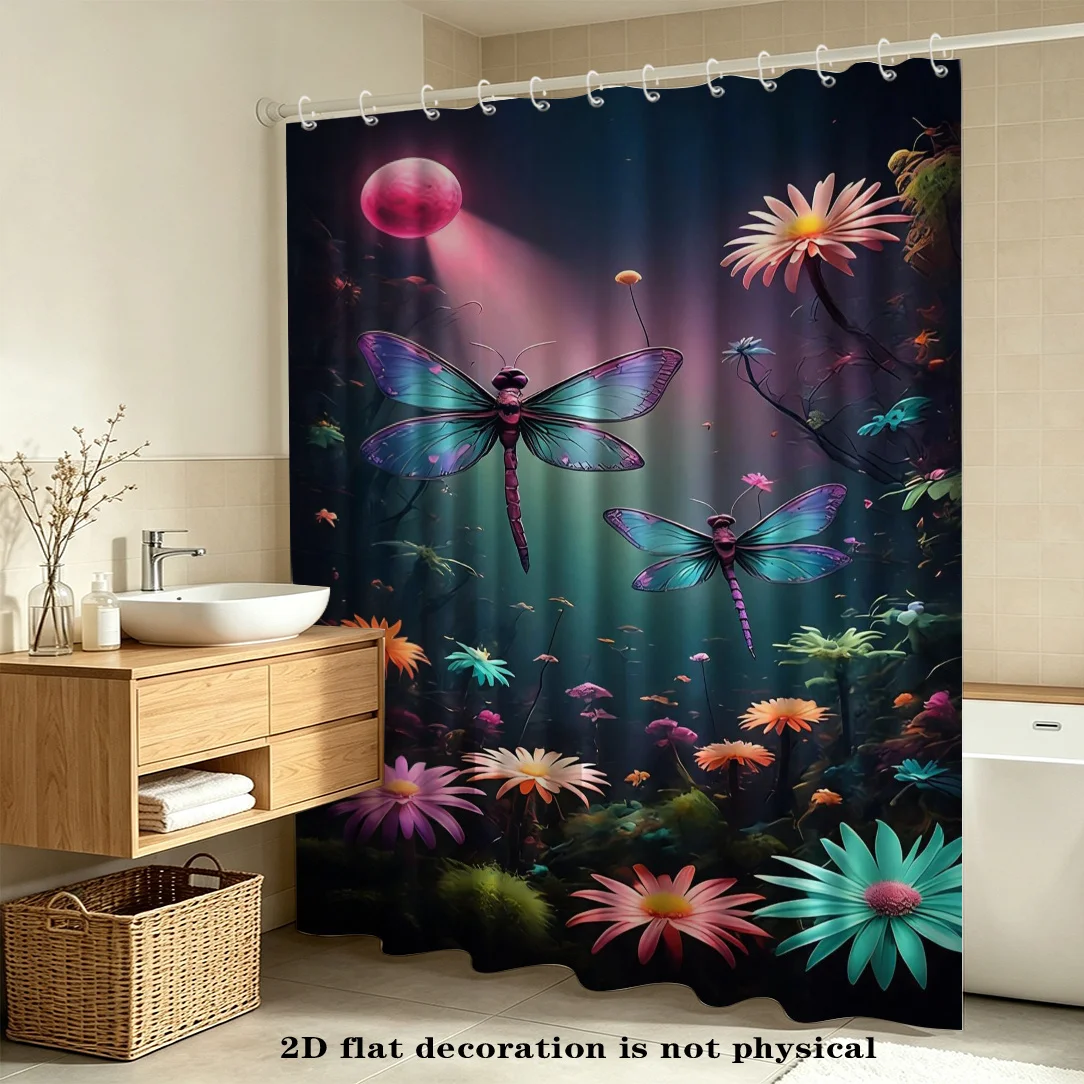2D Flat, 2D Flat Shower Curtain, 1pc, Fantasy Mysterious Garden Floral Dragonfly Pattern Shower Curtain, Whimsical Fairy Tale St