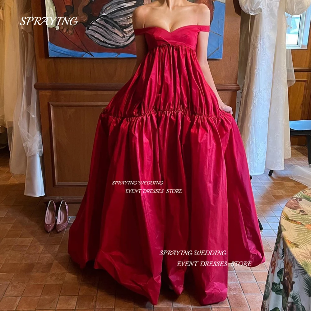 

SPRAYING Sexy Off Shoulder Wedding Dress Korea Women Photo Shoot V Neck Silk Taffeta Bridal Gown Pleats Floor Length 웨딩드레스