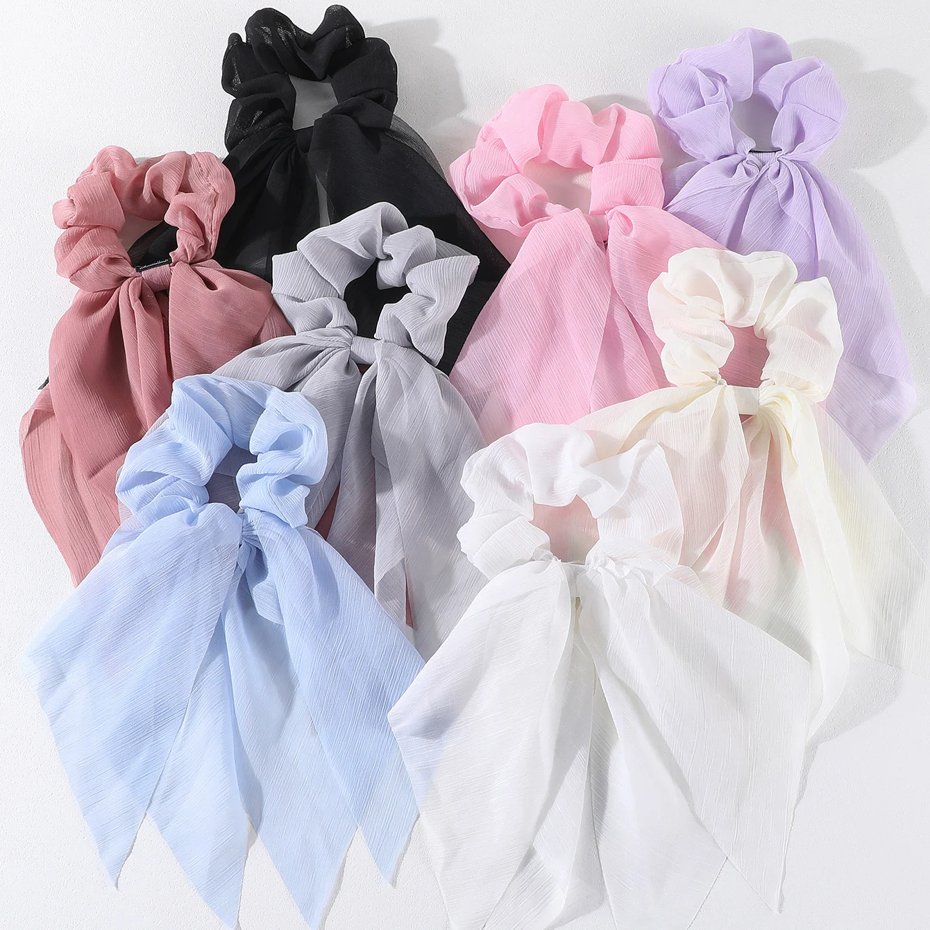 Chiffon Long Ribbon Bow Scrunchies Women Girl Ponytail Holder Scarf Hair Ties Elastic Hair Band Rope Headbands Hair Accessories