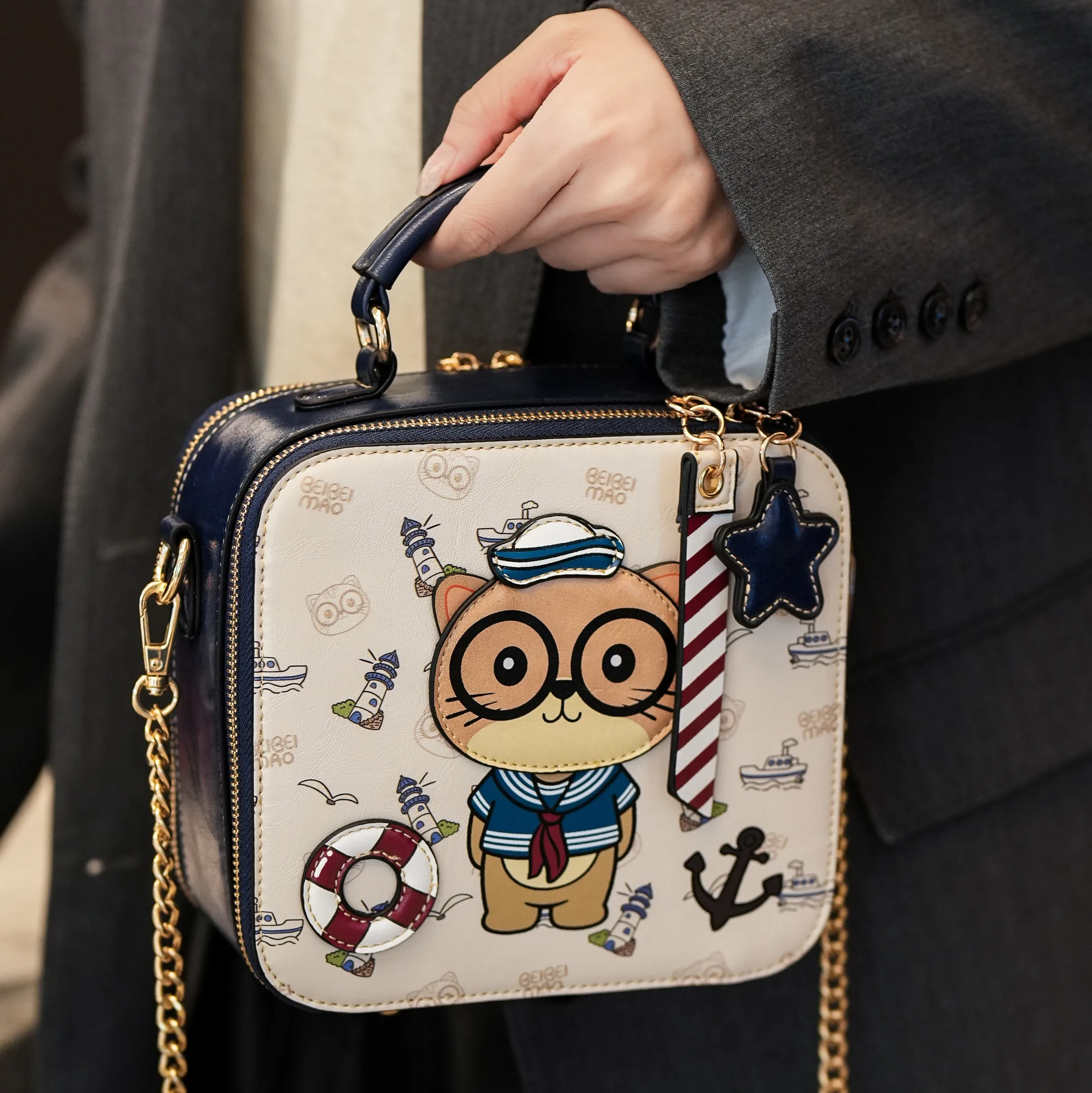 

Box Shape Crossbody Bag Ladies Square Handbag Cute Navy Bear Design Single Shoulder Bag for Girls cute women purse