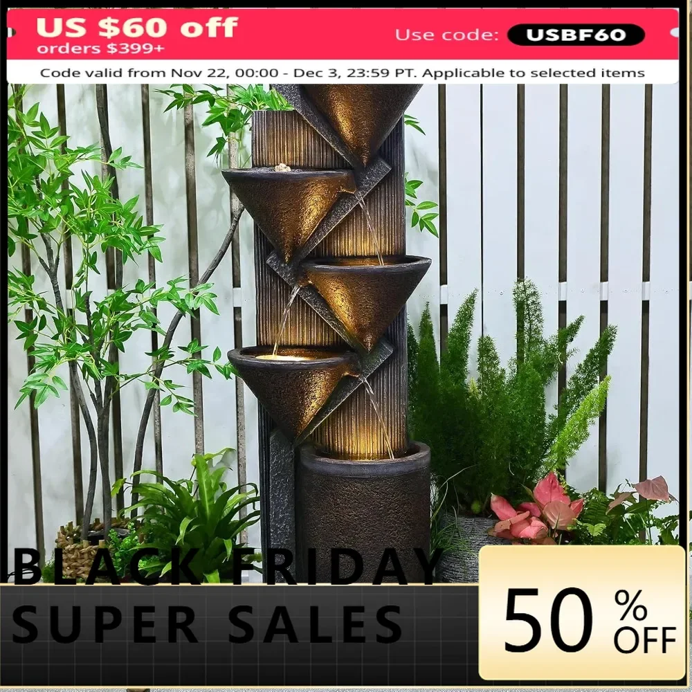 

49.6" Tall Outdoor Waterfall Fountain 5-Tier Indoor Floor Standing Water Fountains with LED Lights&Pump for Garden, Living Room