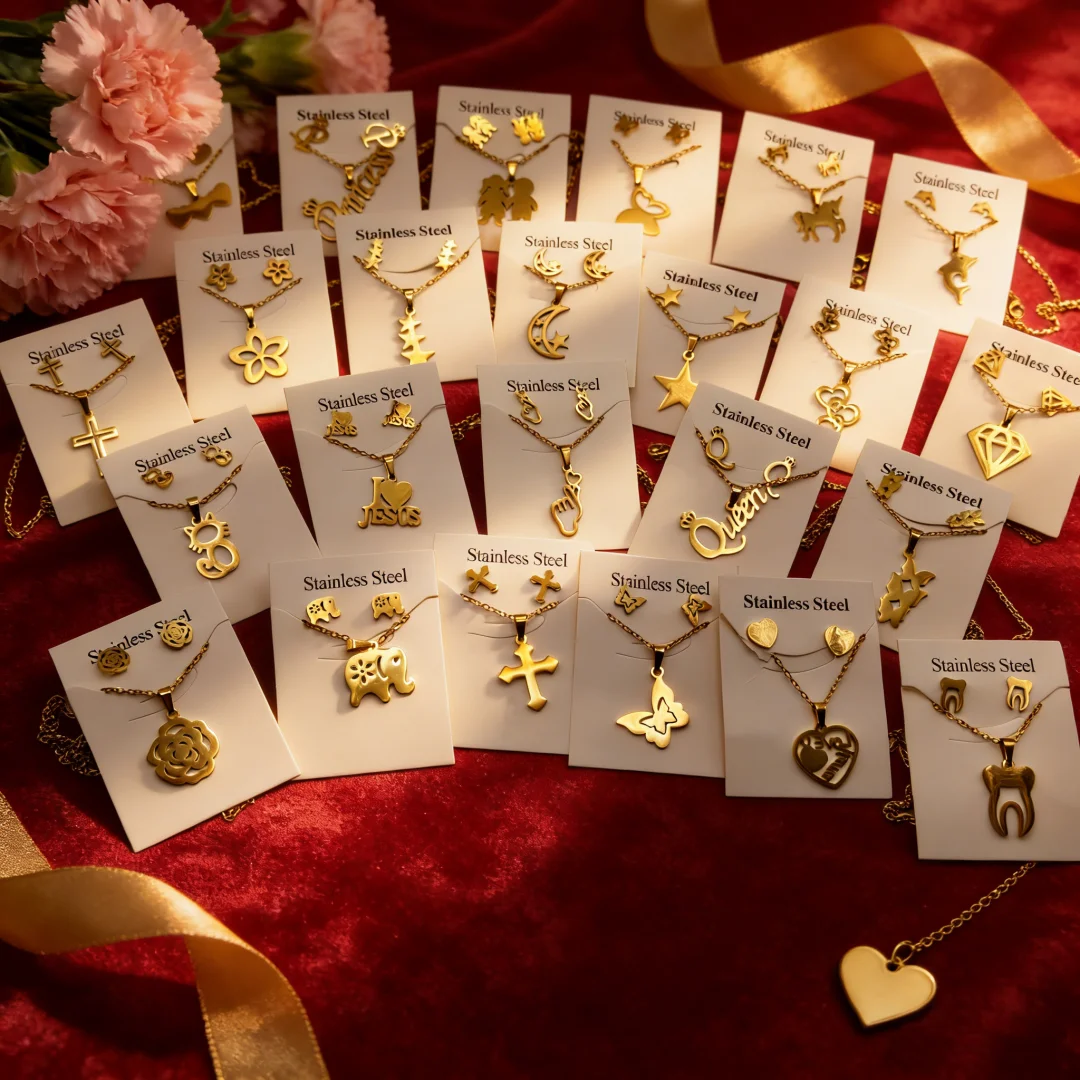 20-Piece Random Combination Stainless Steel Necklace and Earring Set, Elephant, Star, Moon Pendants, Mother's Day Gift, Women's Jewelry Accessories