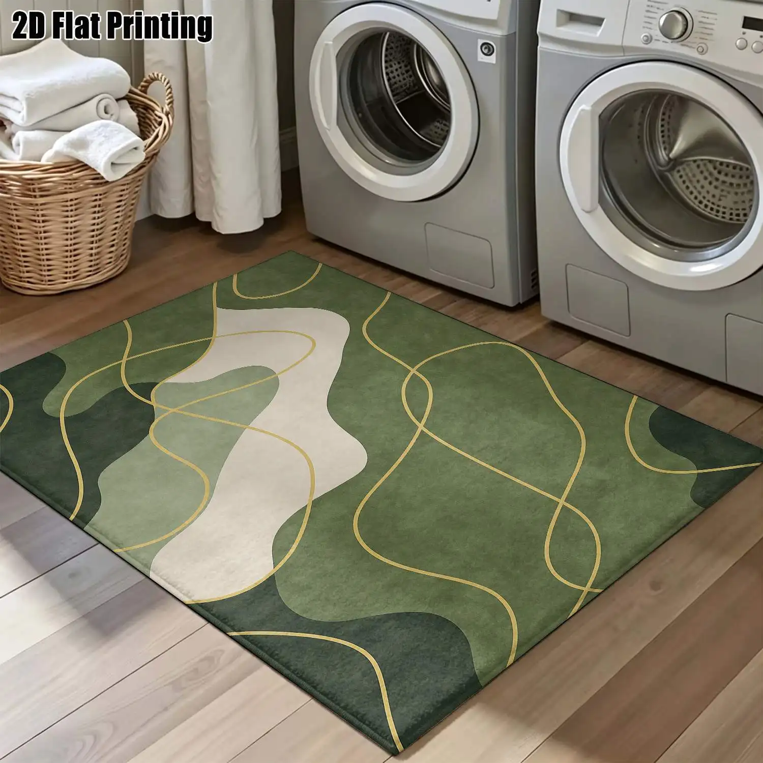 1Pc 2D Printed Carpet: Green-White Geometric Line Pattern, Nordic/Modern Minimalist/European/Vintage Style, Instagram-Inspired Floor Mat, Home Decor, Multi-Size, Machine Washable, Suitable for Entrance, Dining Room, Foyer, Bedroom, Living Room
