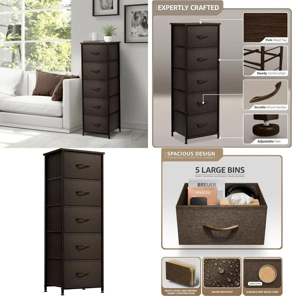 

Прикроватная тумбочка с 5 ящиками: стальной каркас, деревянная столешница, тканевые корзины - мебель для спальни и офиса