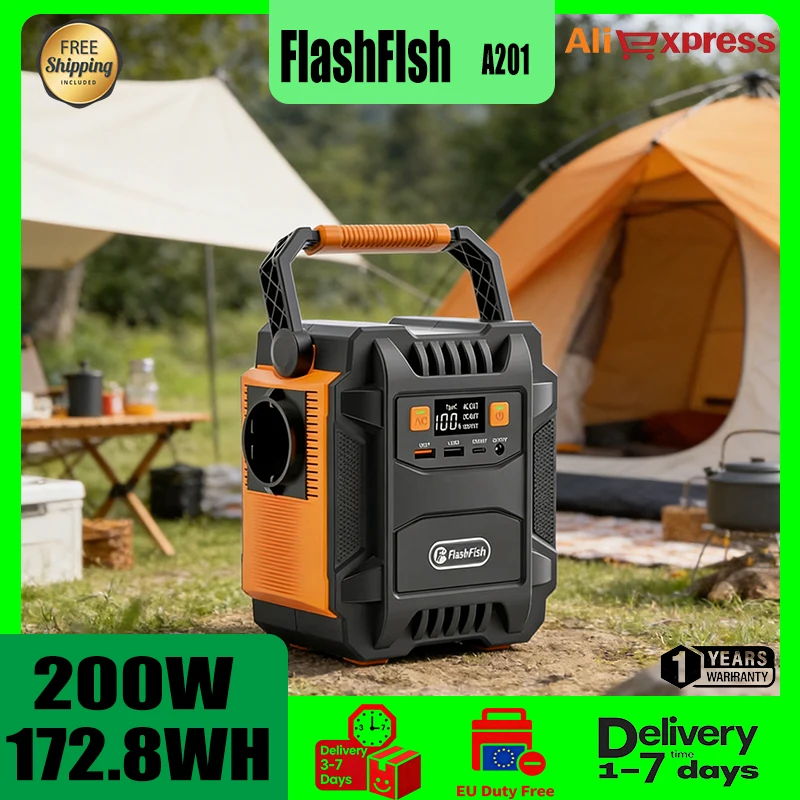 FlashFish A201 Centrale électrique portable 200 W - Générateur solaire 172,9 WH pour camping en plein air, randonnée, sauvegarde d'urgence