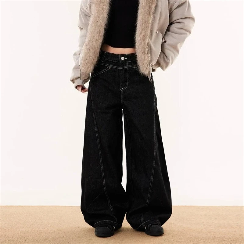 Dames gebogen wijde pijpen losse zwarte unisex jeans Streetstyle broek Cool Girl casual bodems Vrouwelijke hoge taille denim broek