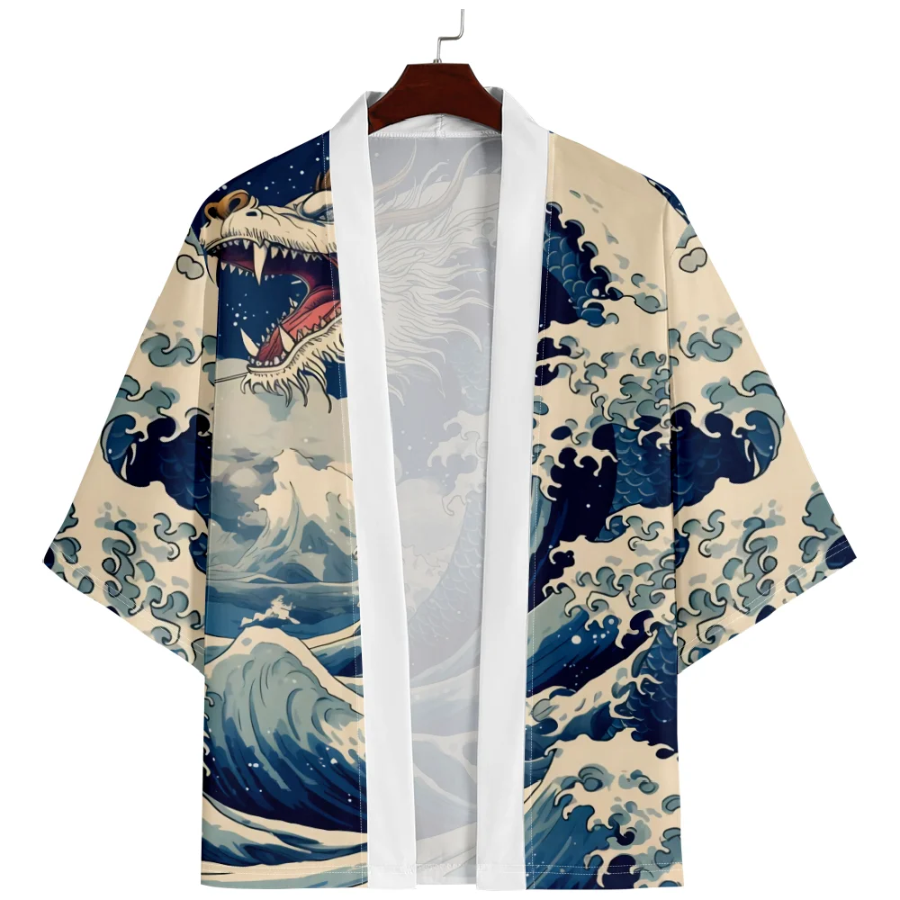 

Japanese Streetwear Cardigan Women Men Harajuku Wave Print Haori Kimono Cosplay Shirts Yukata