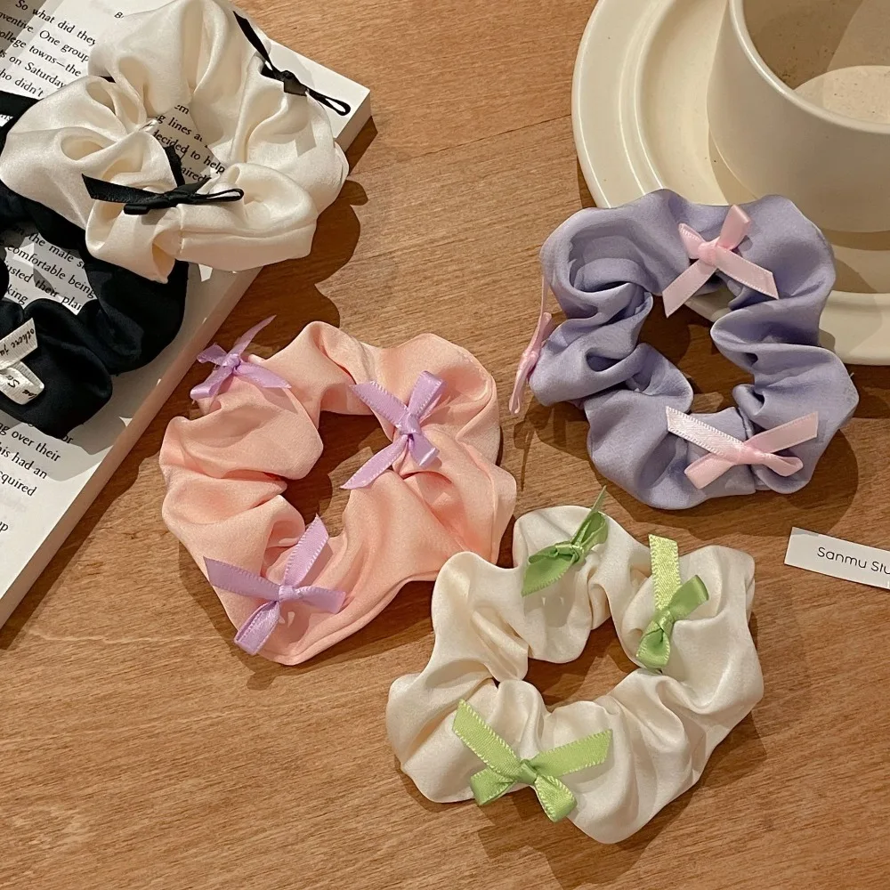 Pure Color Bow Pleated Hair Scrunchies Korean Style Elastic Satin Hair Rope Washable Hair Ties Hair Loop Daily