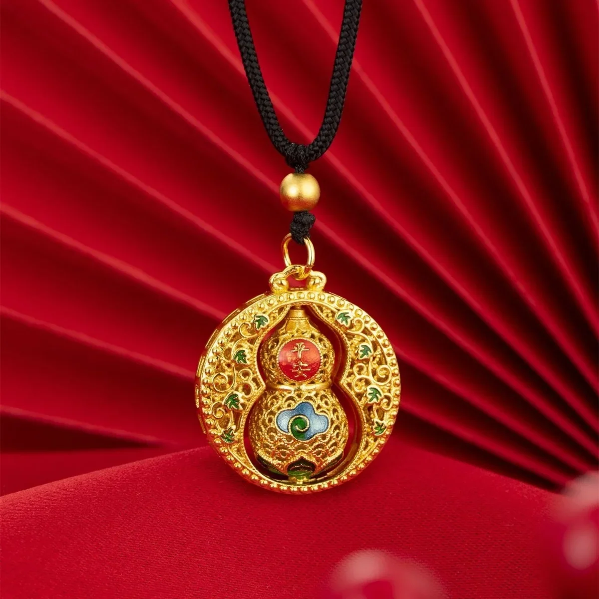 ShinyGold Light luxury 24K real gold sand gold enamel season to run gourd necklace au9999 lotus pendant national tide first jewe