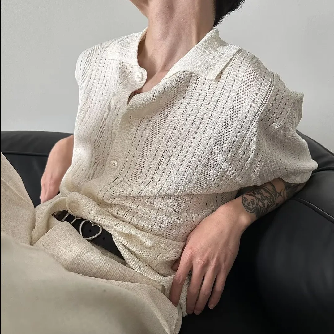 

Мужская вязаная рубашка в стиле ретро с открытыми лацканами и короткими рукавами, стильная свободная кружевная рубашка, кардиган, топ