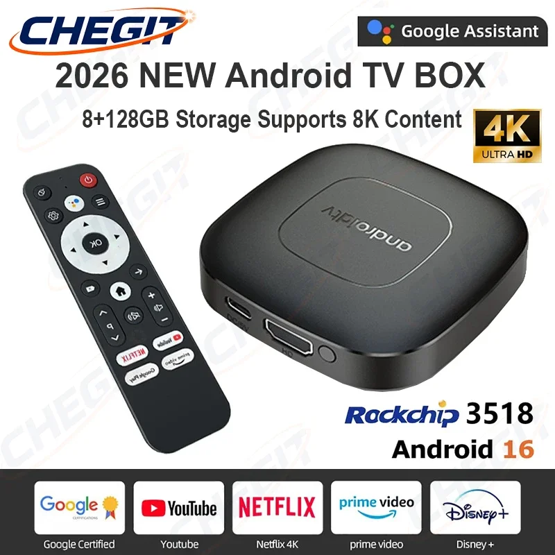 

Смарт ТВ-приставка 2026 Android 168 ГБ+128 ГБ Rockchip RK3518 с Google Assistant, поддержкой видео 4K, Bluetooth 5, медиаплеер, Wi-Fi 6, ТВ-бокс