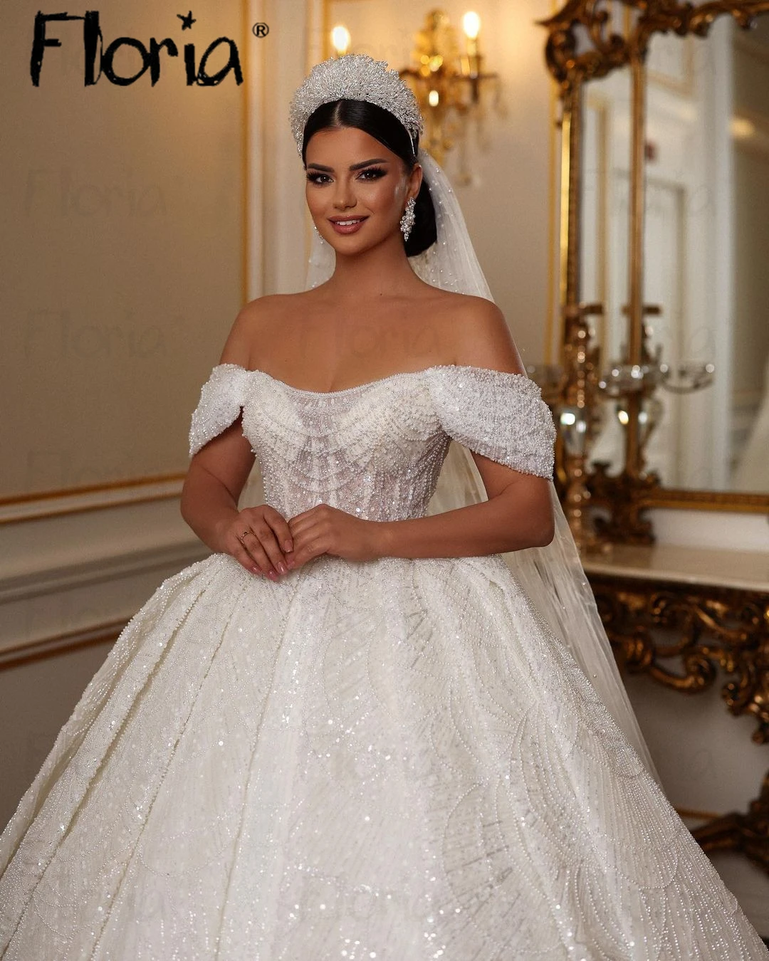 Abito da sposa bianco/avorio con spalle scoperte abito da ballo Dubai abito da sposa arabo completo di perline scintillanti abiti da sposa principessa 2024 donne