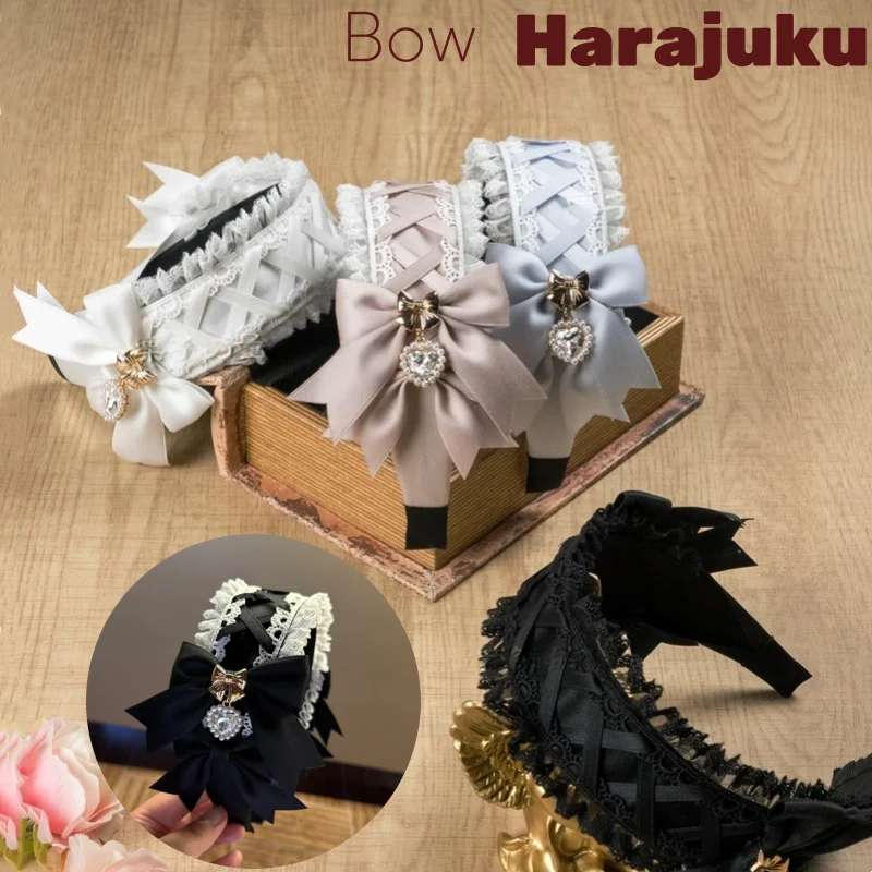 Handmade Harajuku Crumple Cross-tie Women Headband Bow Tie Heart Pendant Headpiece Lolita Subculture Gemstone Versatile Headband