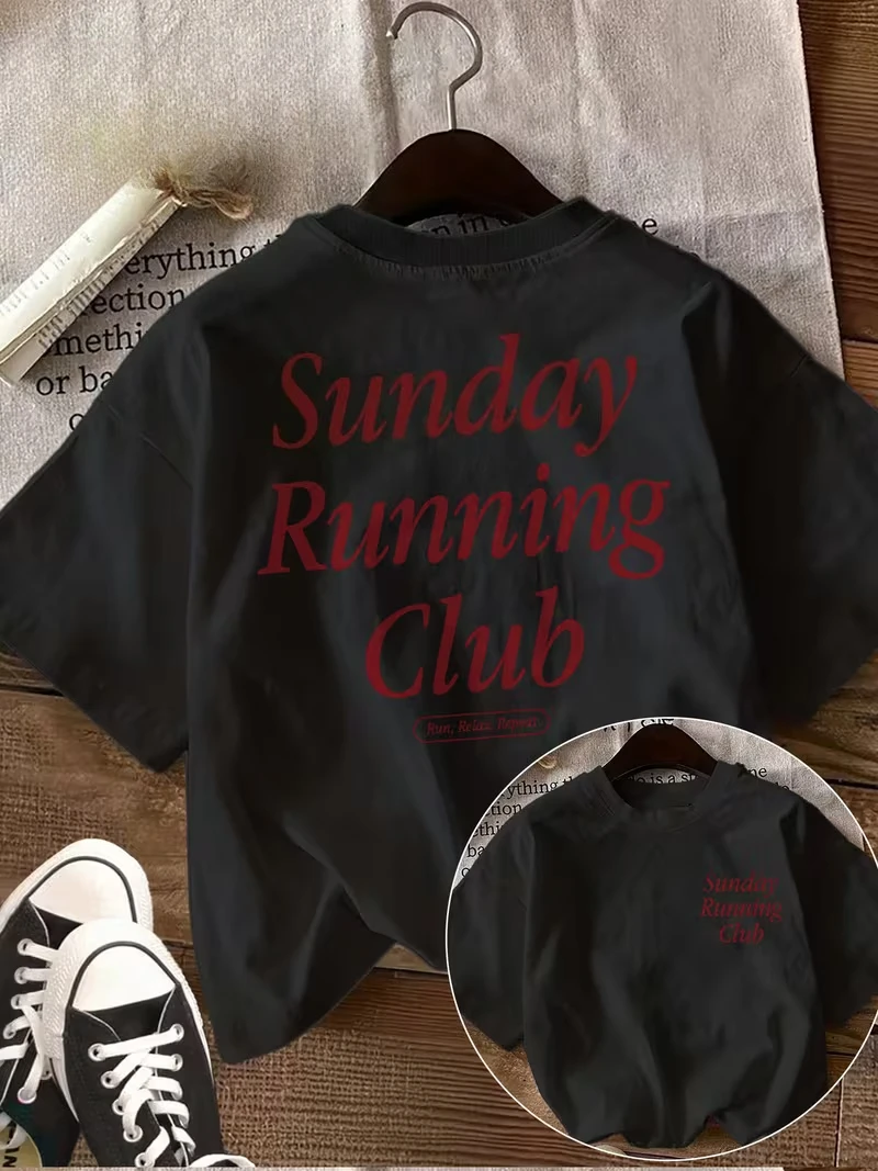 Women's Top with Double-Sided Print, Y2k Style, Sunday Running Club Text, Spring Summer Casual, Round Neck, Printed Short Sleeve