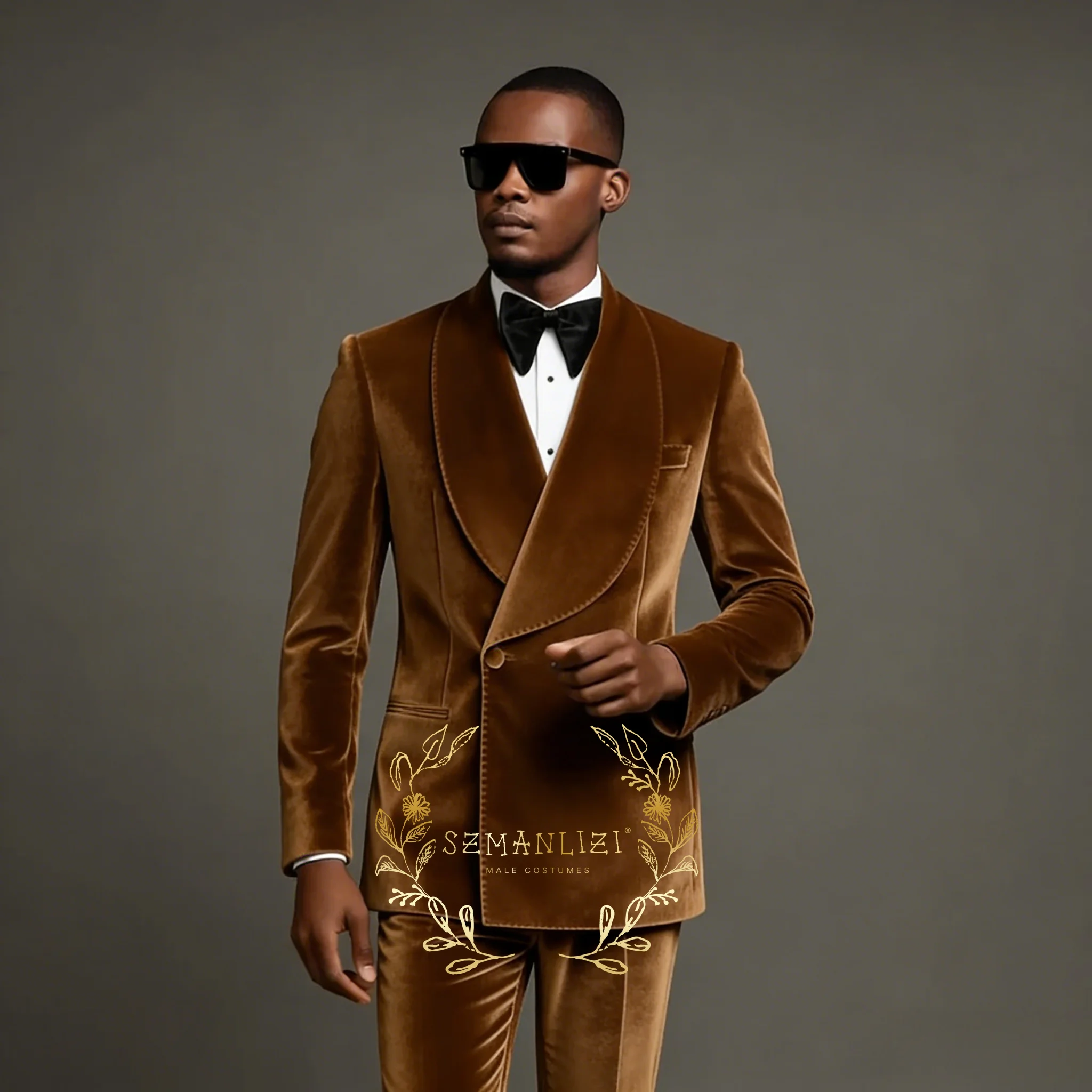 

Мужской двубортный костюм 2026 года, коричневый бархатный, приталенный, с шалевым воротником, для свадьбы, выпускного вечера, смокинг, пиджак и брюки