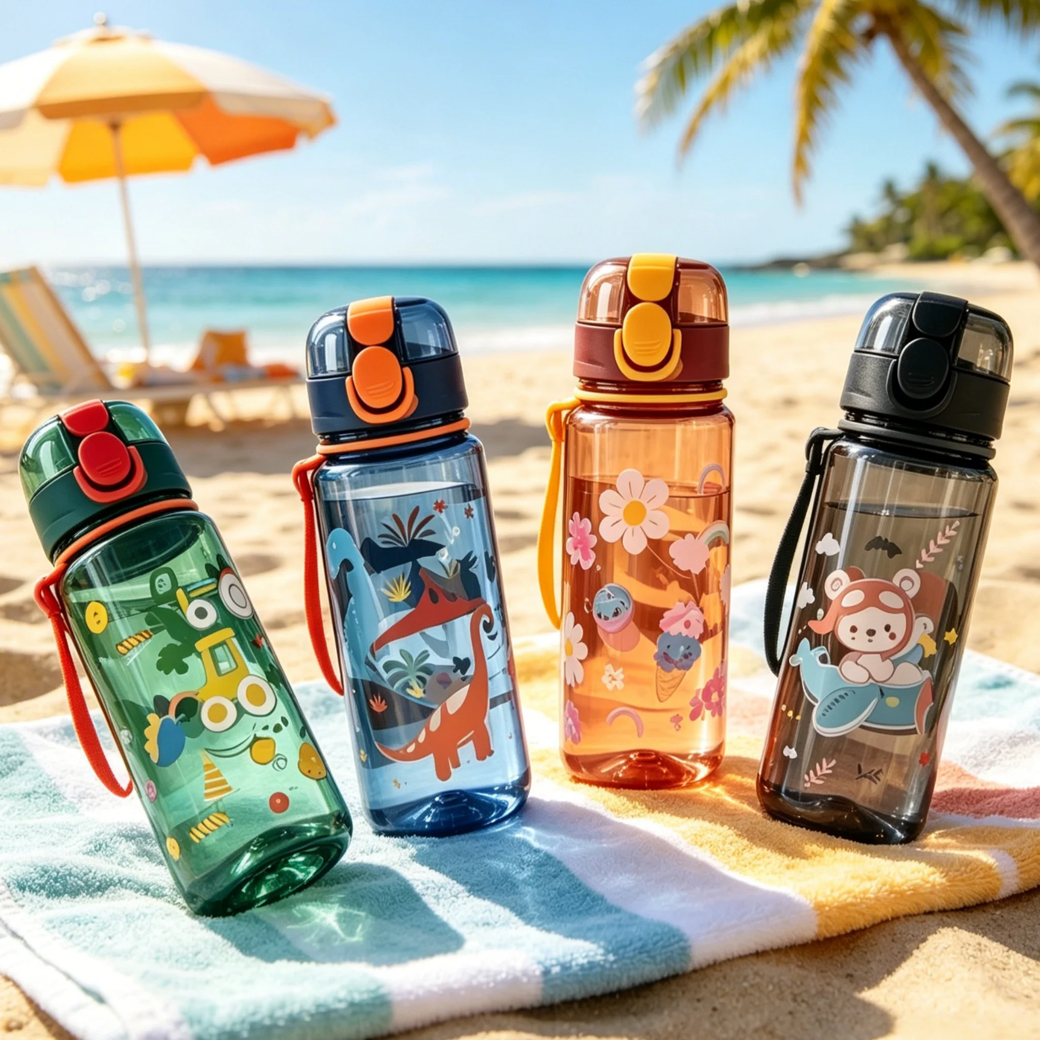 Clear Cartoon Water Bottle with Car Dinosaur Flower Prints, High Quality Fade Resistant Leakproof Reusable Cup, Compact Portable